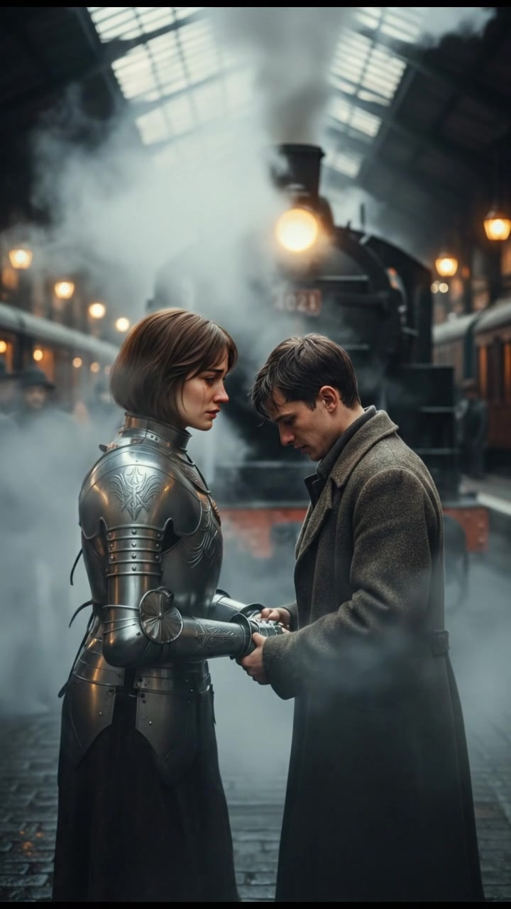 meeting at a train station before a painful goodbye, steam rising all around