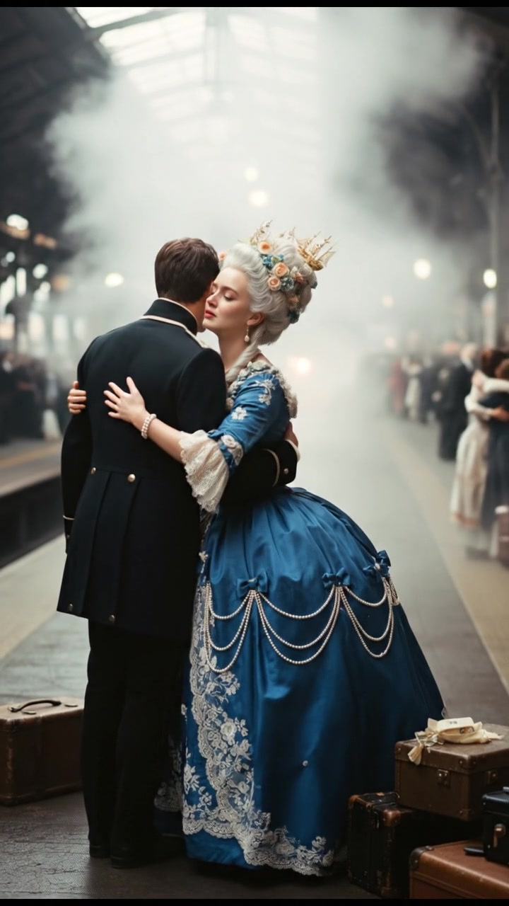 meeting at a train station before a painful goodbye, steam rising all around