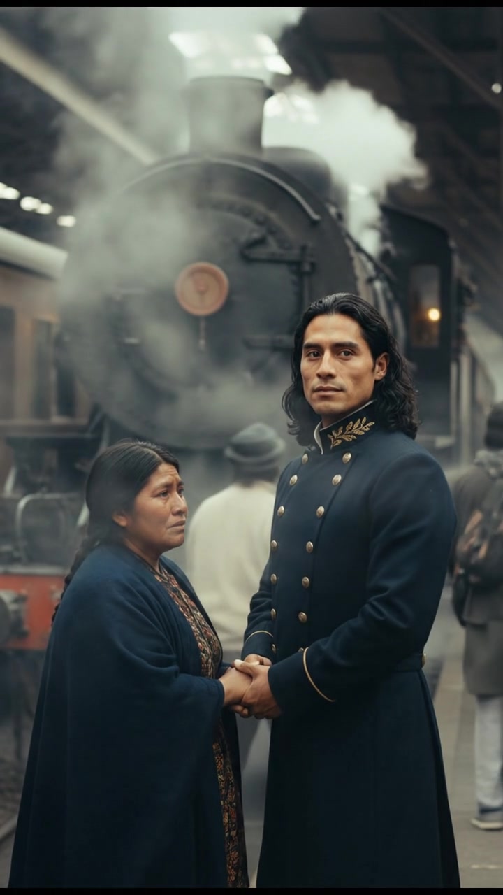 meeting at a train station before a painful goodbye, steam rising all around