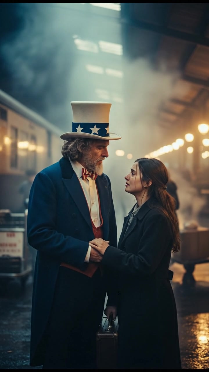 meeting at a train station before a painful goodbye, steam rising all around