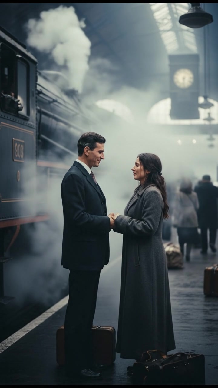 meeting at a train station before a painful goodbye, steam rising all around
