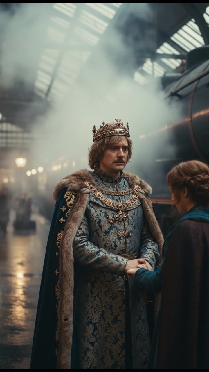 meeting at a train station before a painful goodbye, steam rising all around