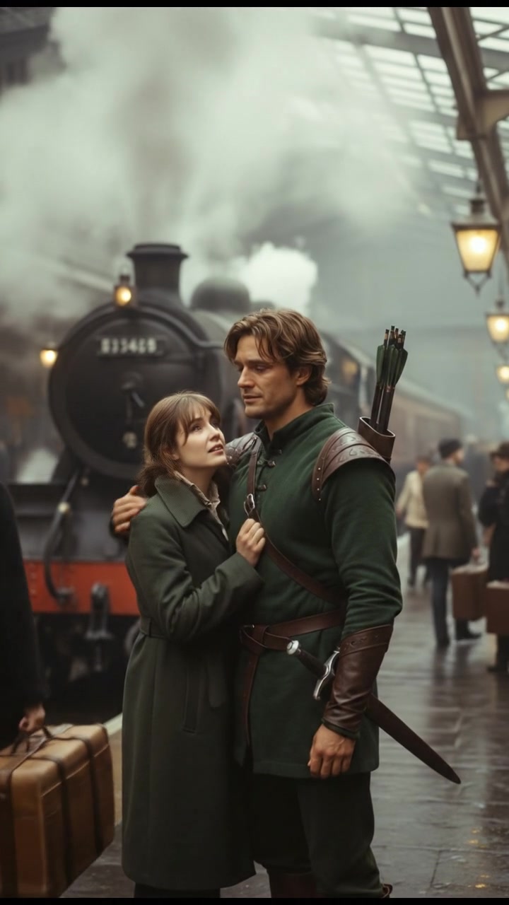 meeting at a train station before a painful goodbye, steam rising all around