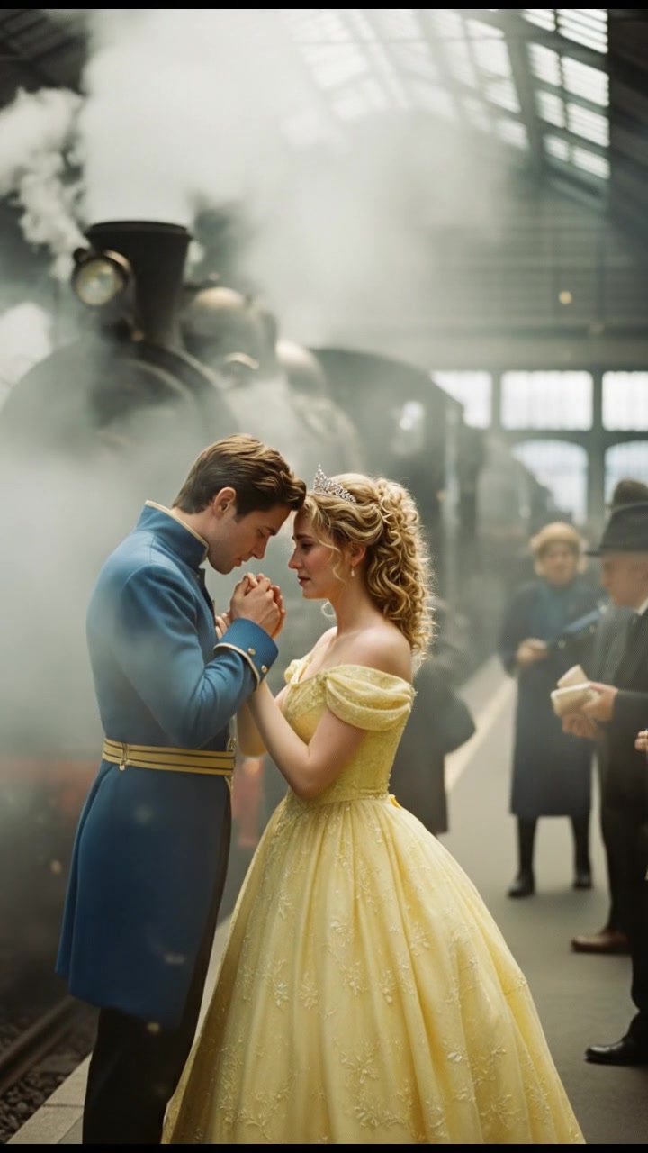 meeting at a train station before a painful goodbye, steam rising all around