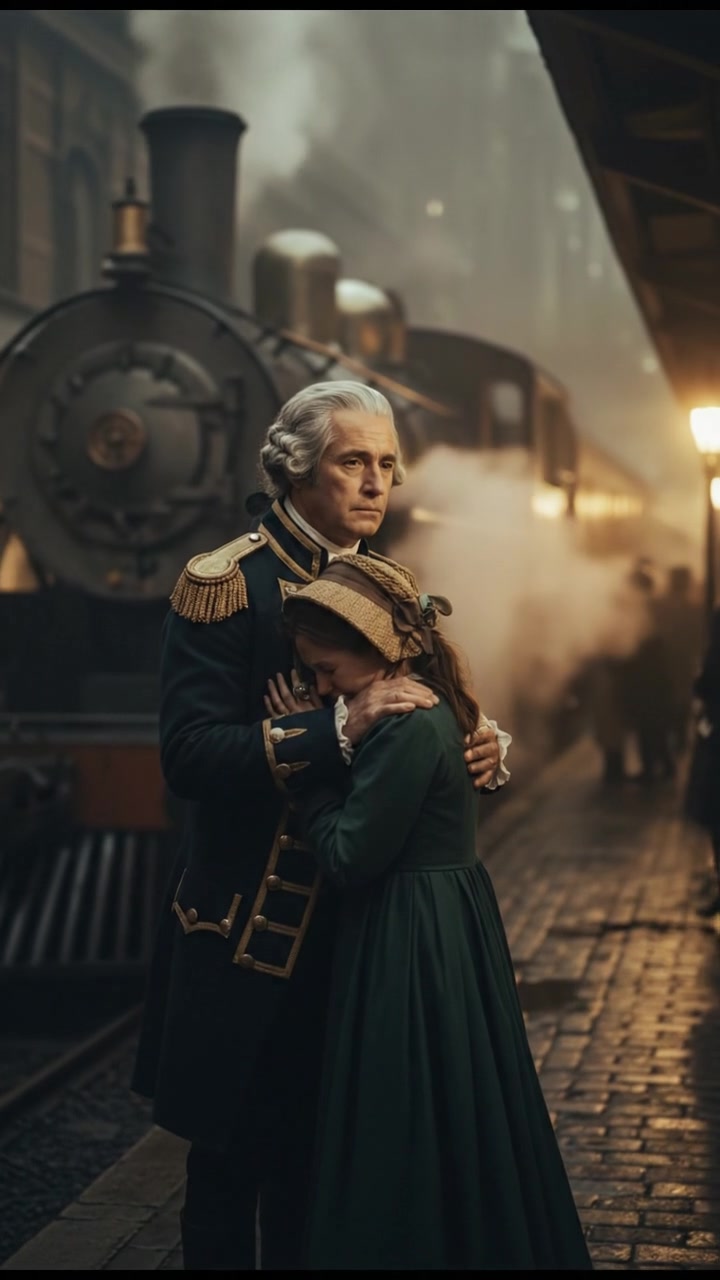 meeting at a train station before a painful goodbye, steam rising all around