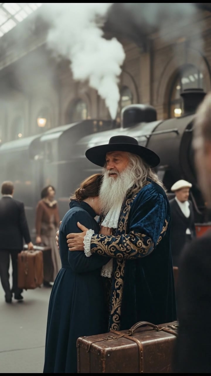meeting at a train station before a painful goodbye, steam rising all around
