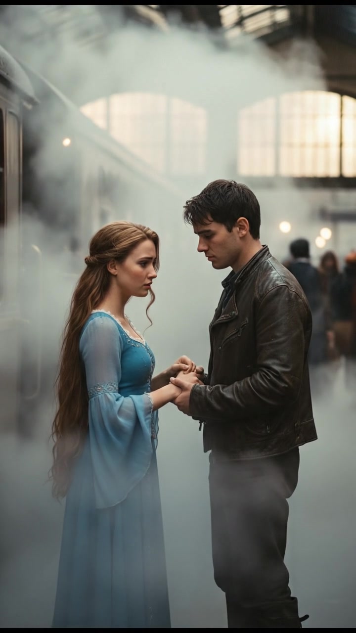 meeting at a train station before a painful goodbye, steam rising all around