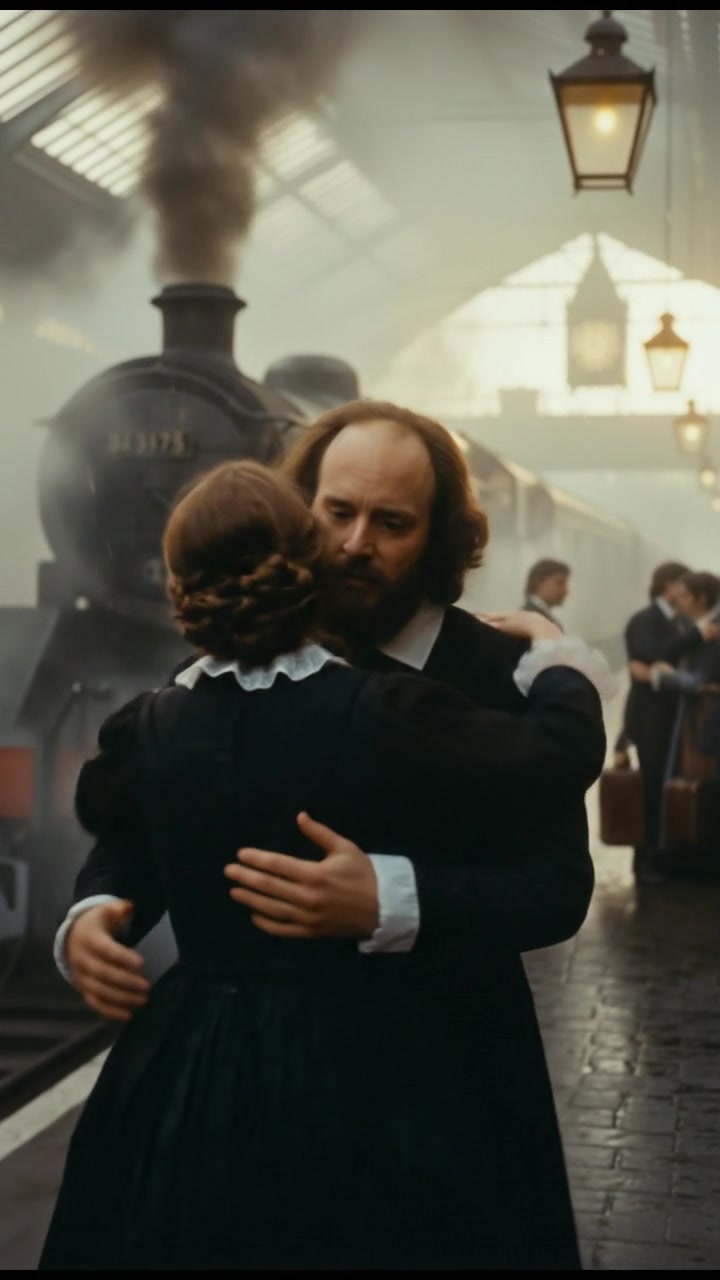 meeting at a train station before a painful goodbye, steam rising all around