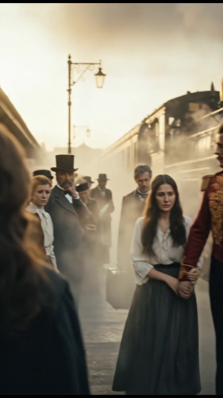 meeting at a train station before a painful goodbye, steam rising all around