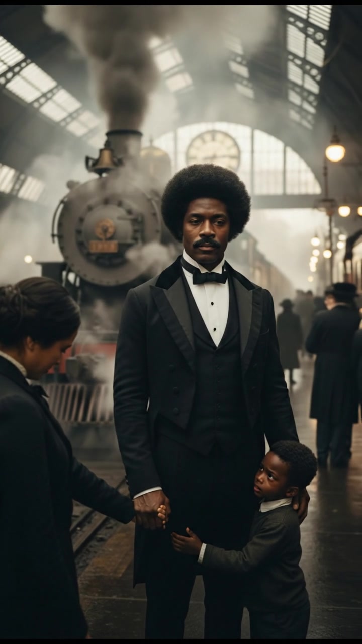 meeting at a train station before a painful goodbye, steam rising all around