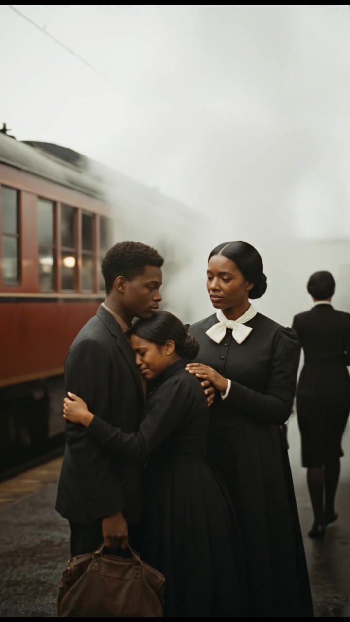 meeting at a train station before a painful goodbye, steam rising all around