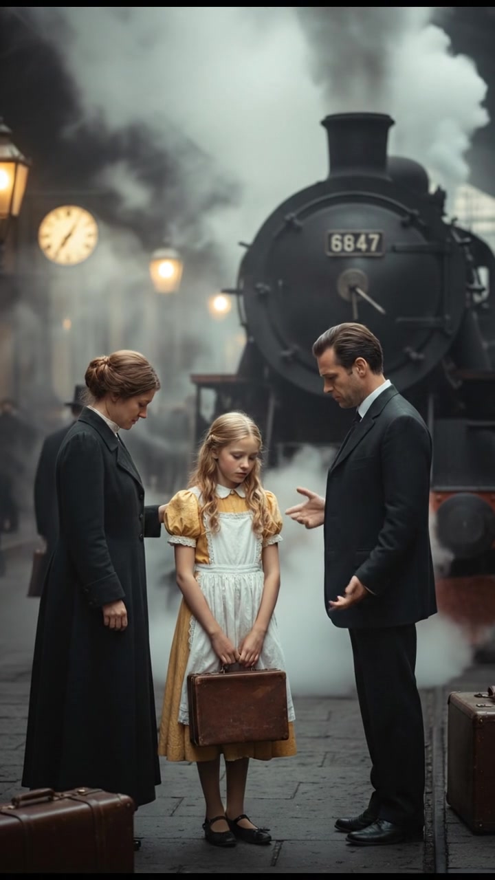 meeting at a train station before a painful goodbye, steam rising all around