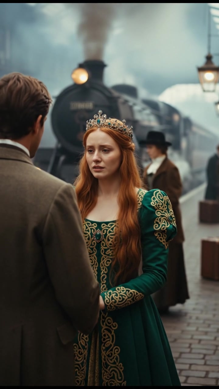 meeting at a train station before a painful goodbye, steam rising all around