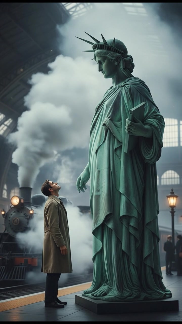 meeting at a train station before a painful goodbye, steam rising all around