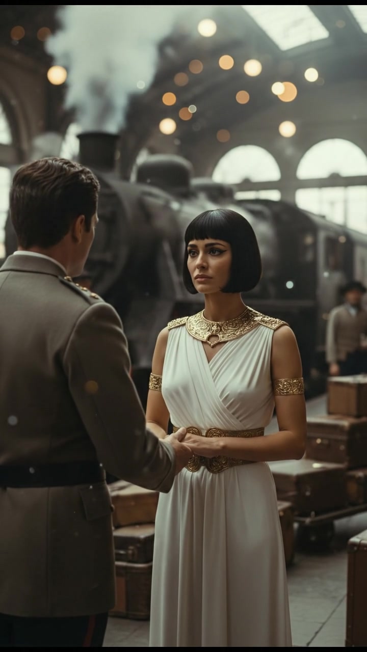 meeting at a train station before a painful goodbye, steam rising all around