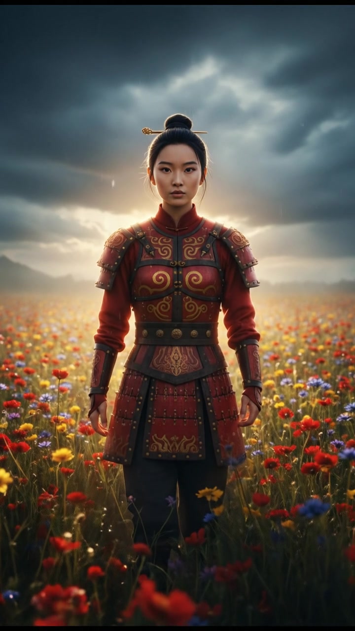 walking in a field of flowers, sunlight breaking through storm clouds