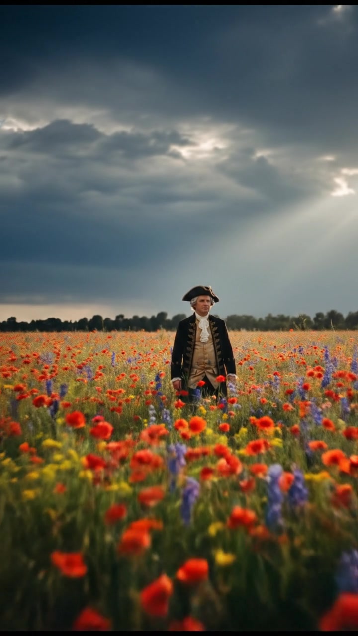 walking in a field of flowers, sunlight breaking through storm clouds