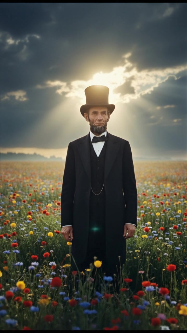 walking in a field of flowers, sunlight breaking through storm clouds