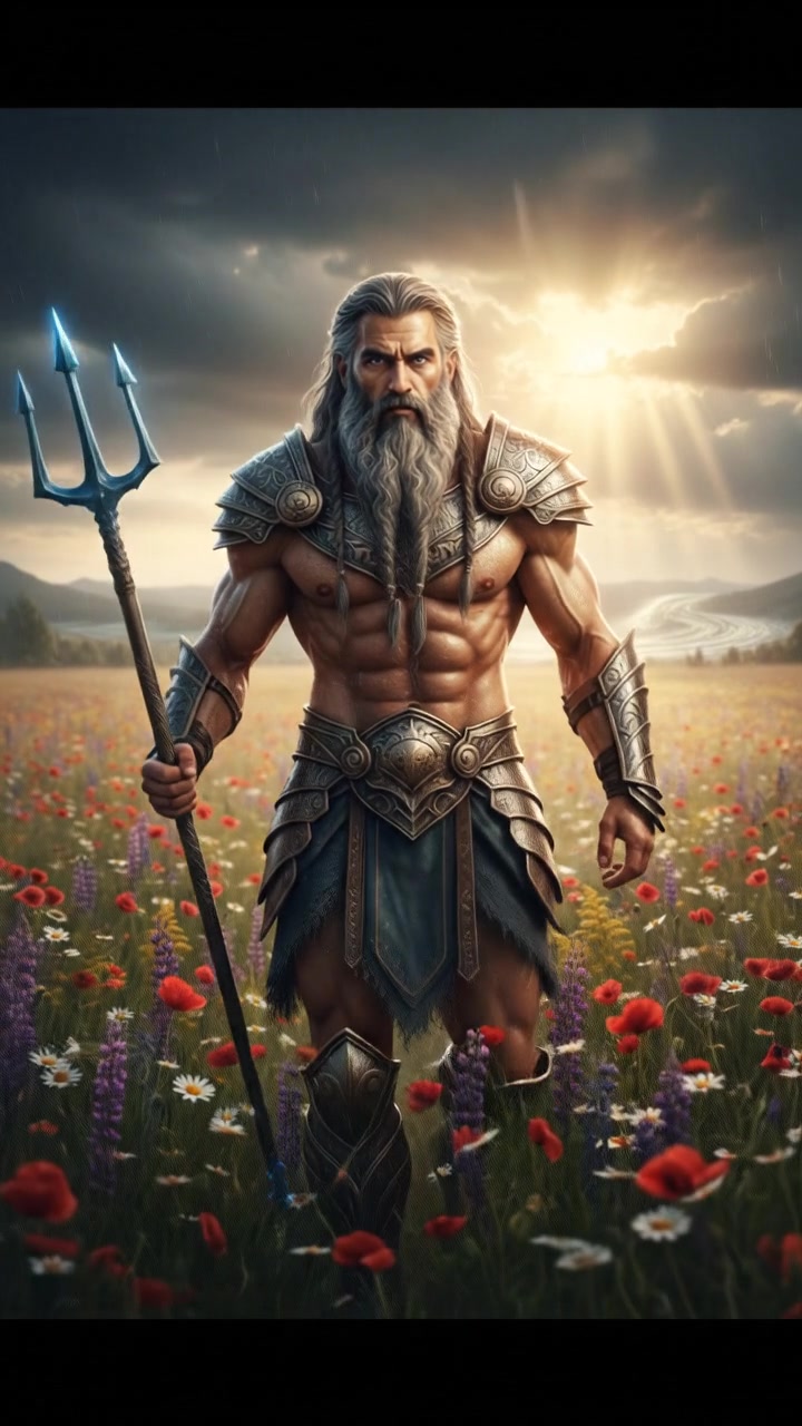 walking in a field of flowers, sunlight breaking through storm clouds