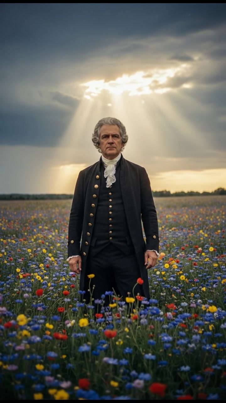 walking in a field of flowers, sunlight breaking through storm clouds