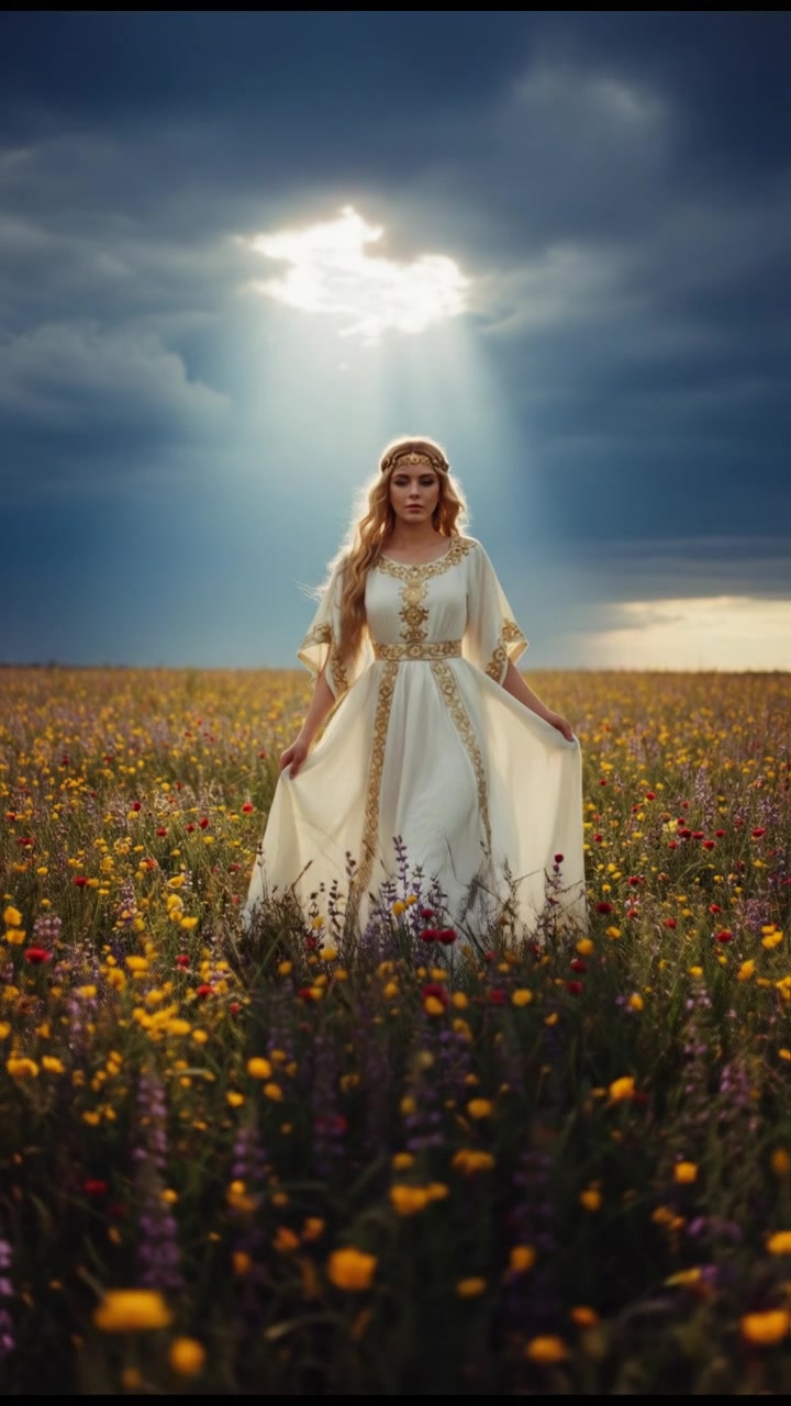 walking in a field of flowers, sunlight breaking through storm clouds