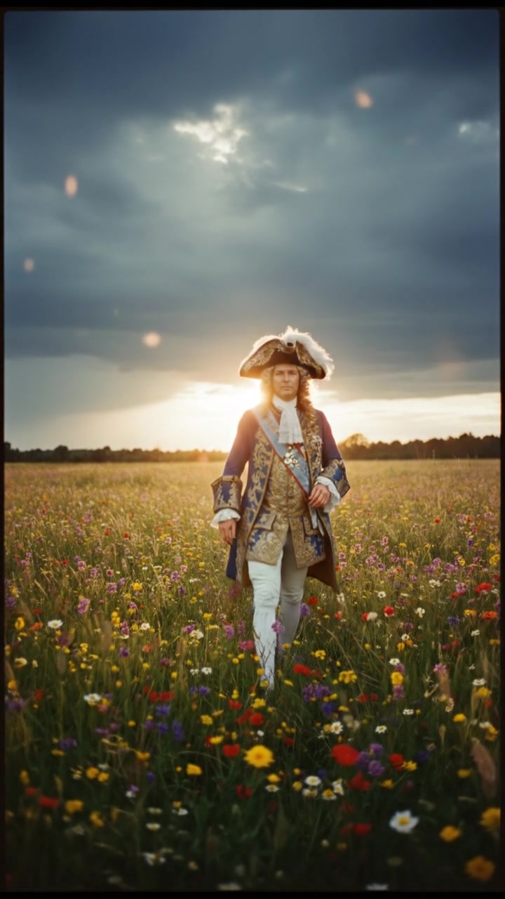 walking in a field of flowers, sunlight breaking through storm clouds