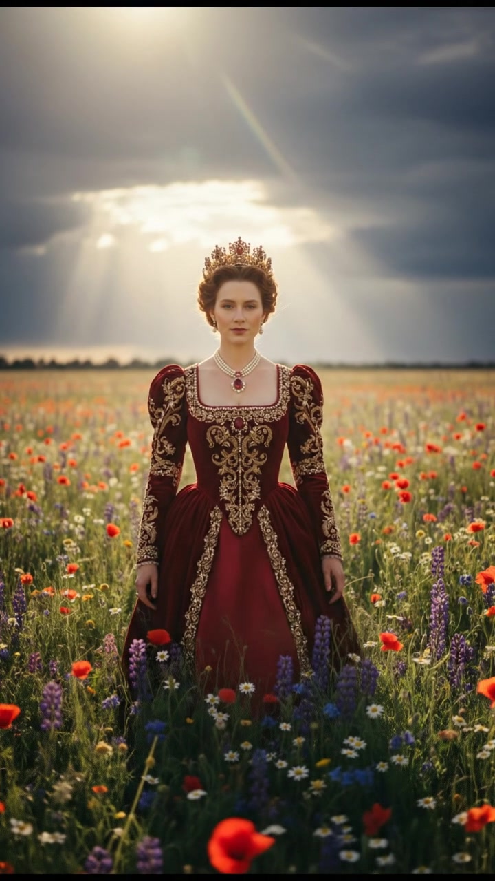 walking in a field of flowers, sunlight breaking through storm clouds