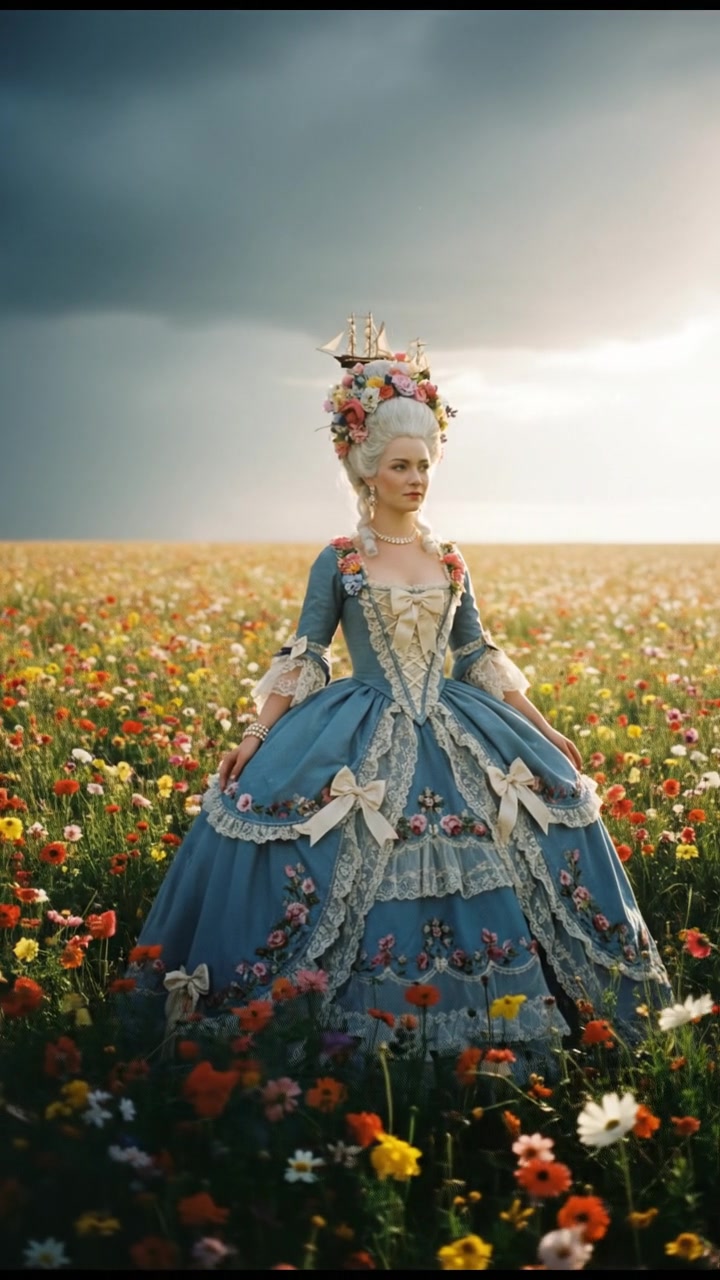 walking in a field of flowers, sunlight breaking through storm clouds