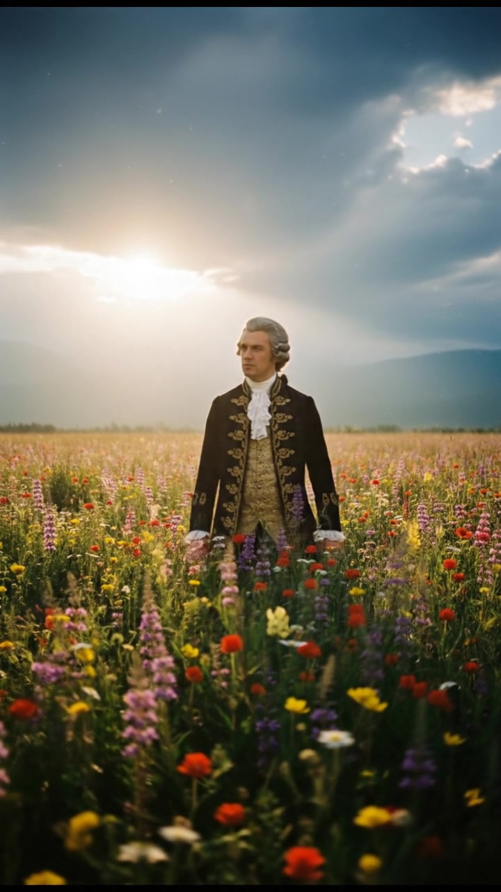 walking in a field of flowers, sunlight breaking through storm clouds