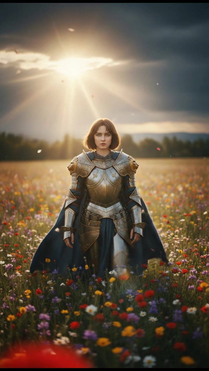 walking in a field of flowers, sunlight breaking through storm clouds