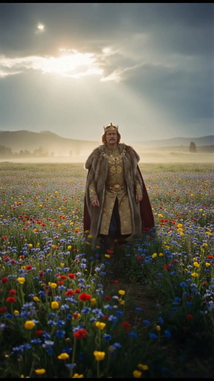 walking in a field of flowers, sunlight breaking through storm clouds