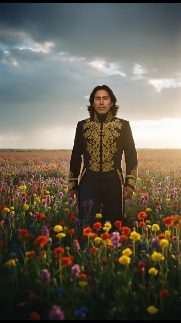 walking in a field of flowers, sunlight breaking through storm clouds