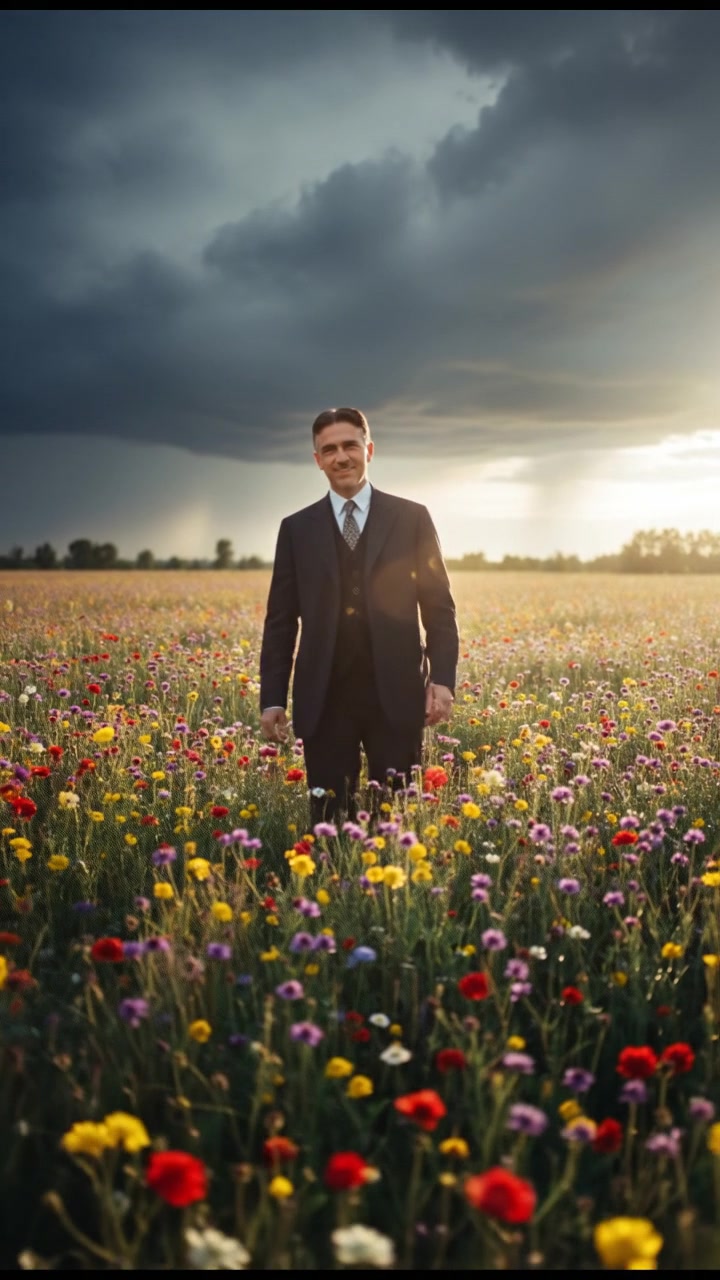 walking in a field of flowers, sunlight breaking through storm clouds