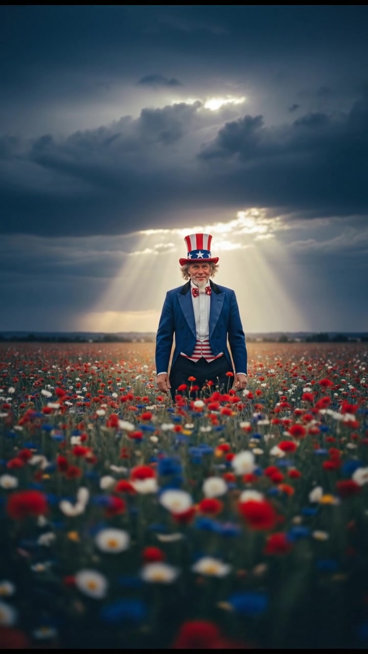 walking in a field of flowers, sunlight breaking through storm clouds