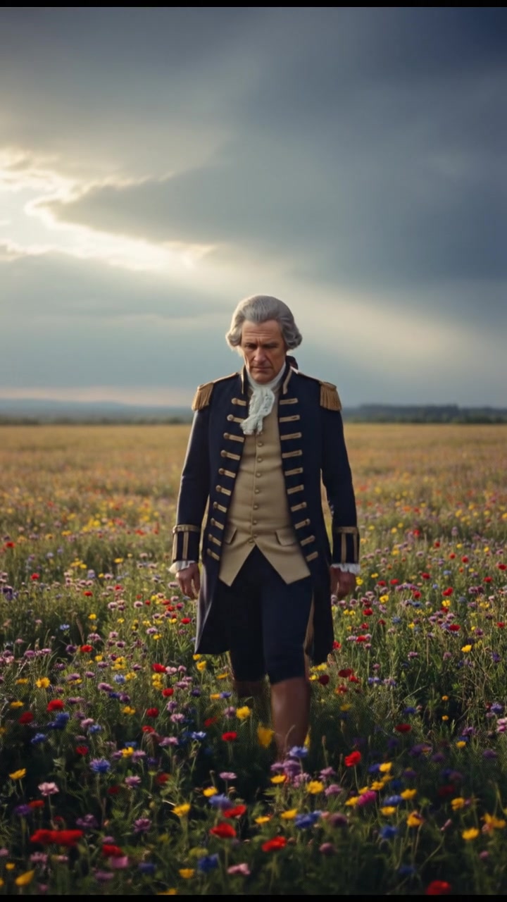 walking in a field of flowers, sunlight breaking through storm clouds