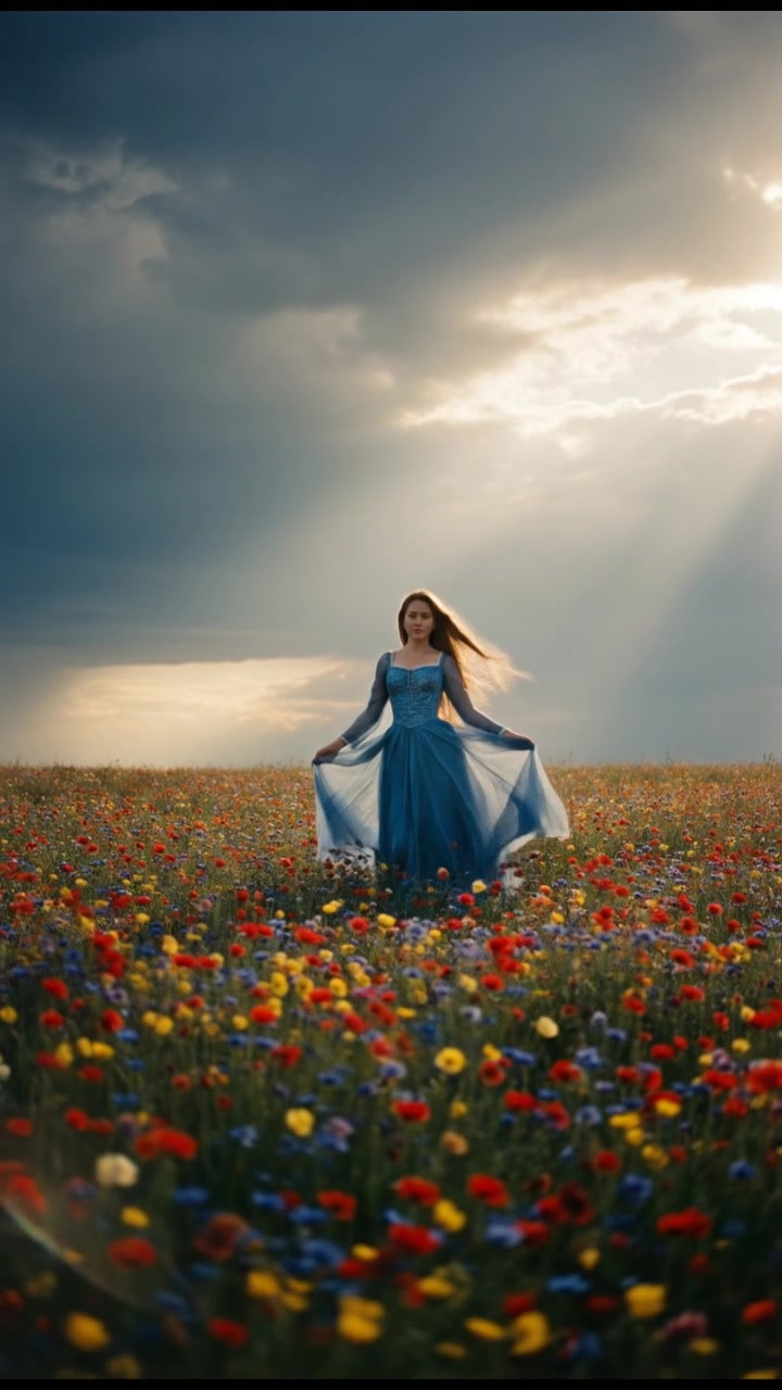 walking in a field of flowers, sunlight breaking through storm clouds