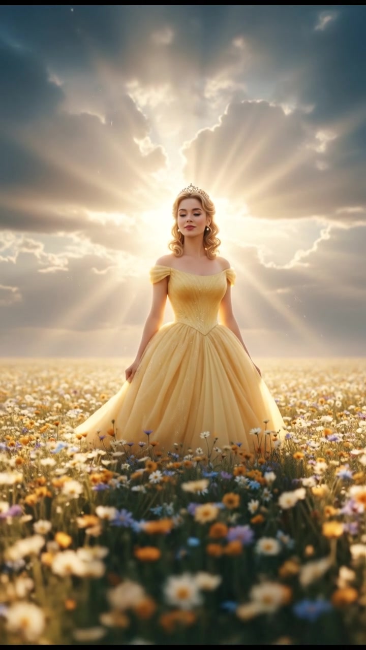 walking in a field of flowers, sunlight breaking through storm clouds