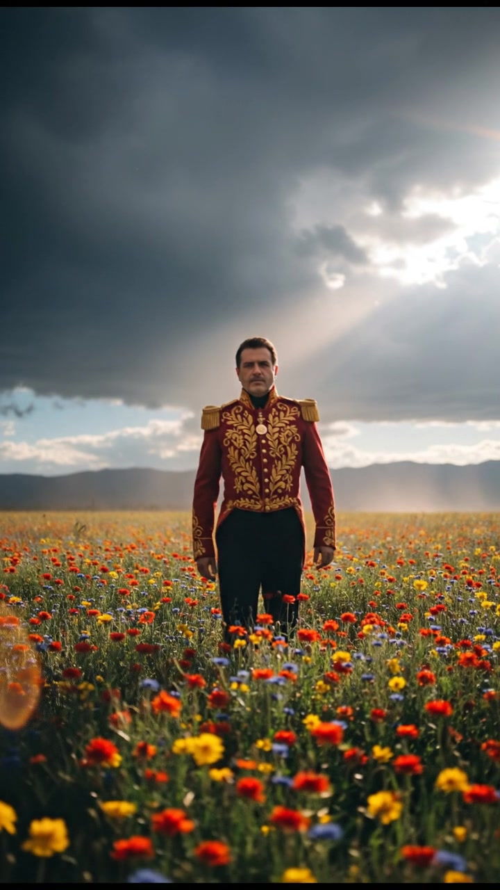 walking in a field of flowers, sunlight breaking through storm clouds