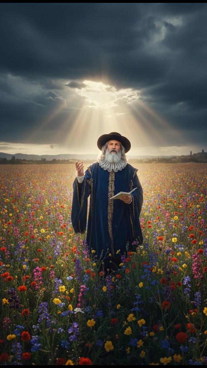 walking in a field of flowers, sunlight breaking through storm clouds