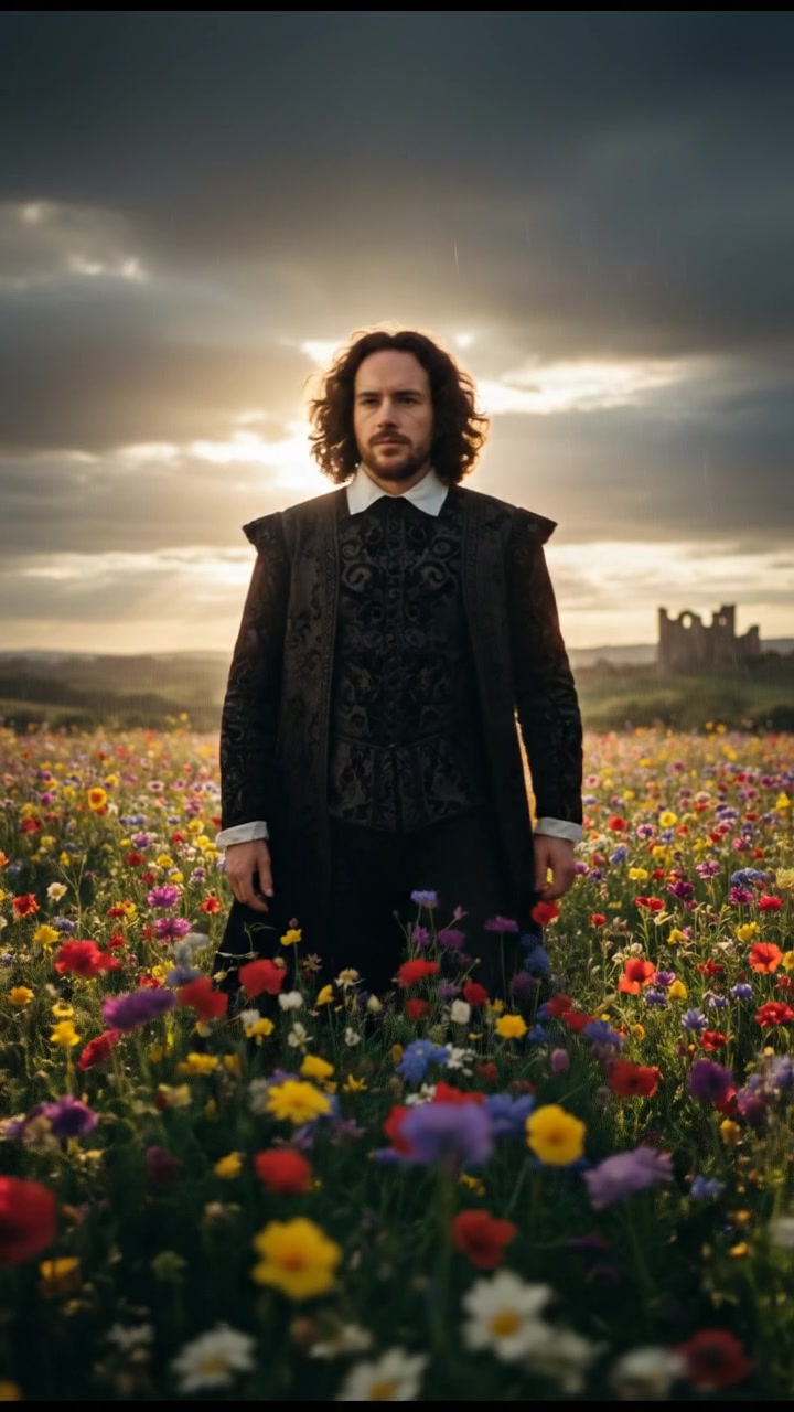 walking in a field of flowers, sunlight breaking through storm clouds