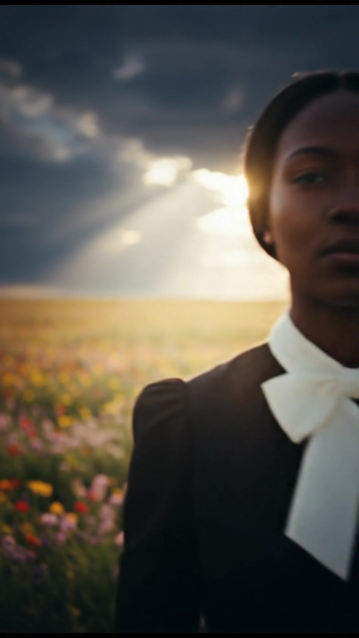 walking in a field of flowers, sunlight breaking through storm clouds
