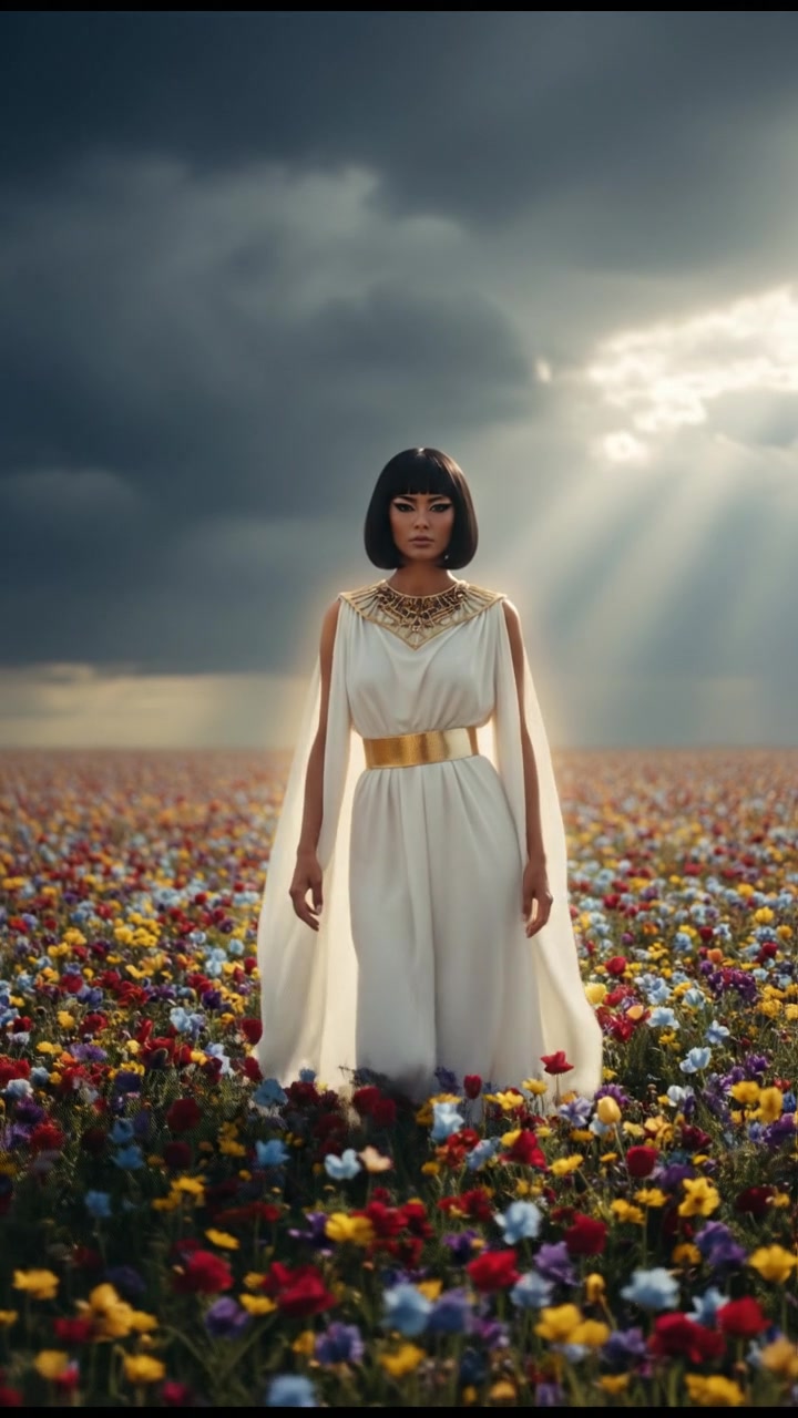 walking in a field of flowers, sunlight breaking through storm clouds