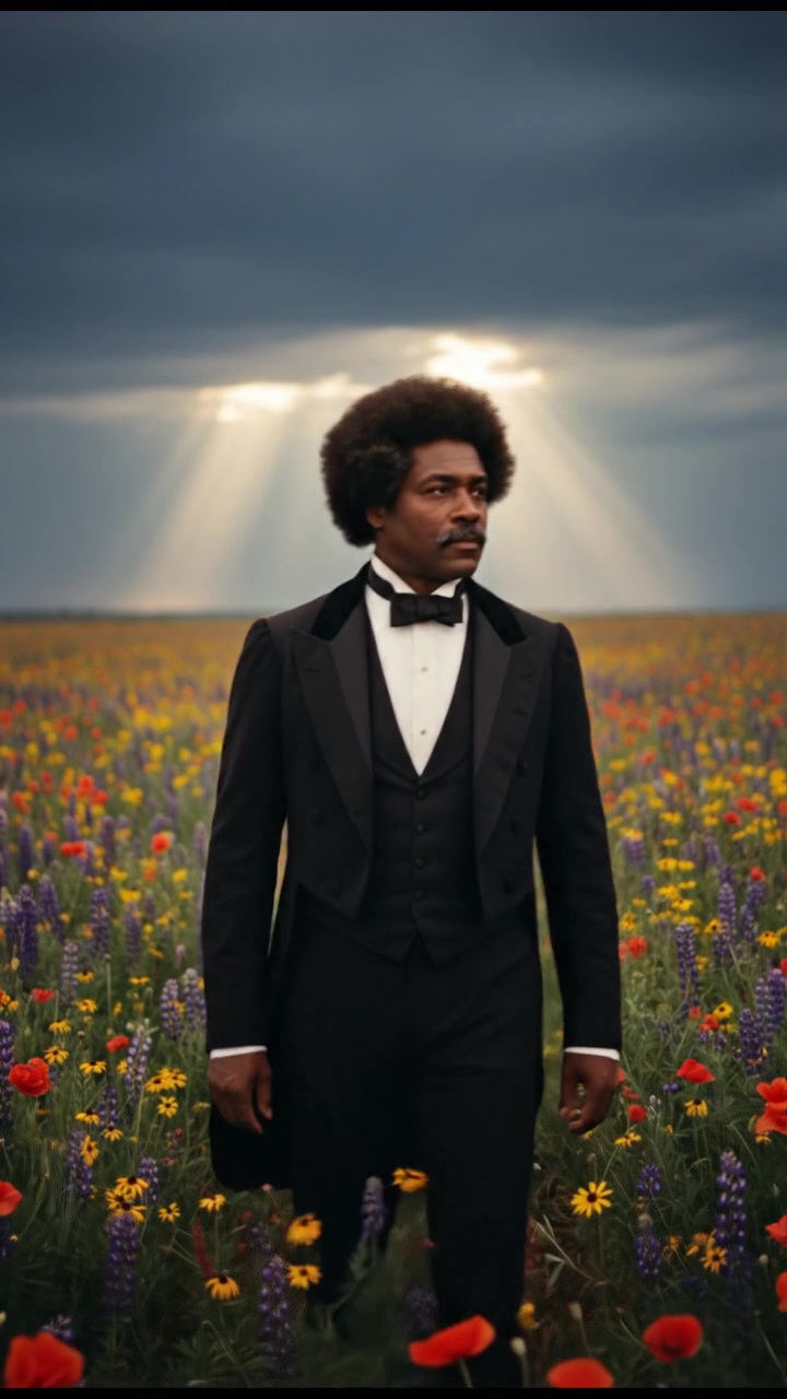 walking in a field of flowers, sunlight breaking through storm clouds