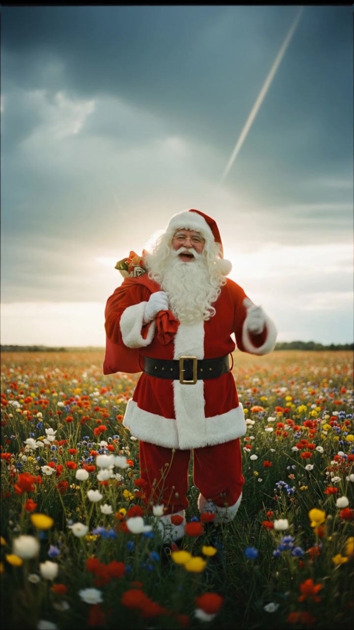 walking in a field of flowers, sunlight breaking through storm clouds