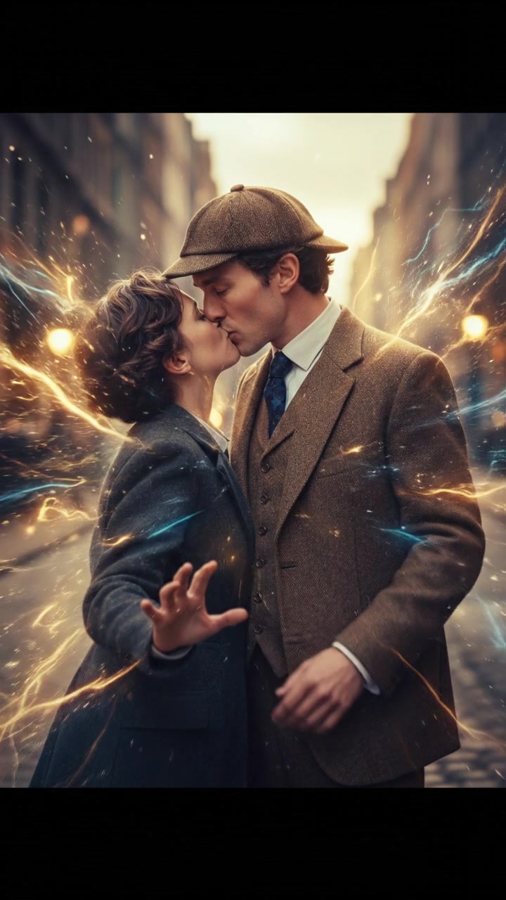 sharing a final kiss as magic or light begins to pull them apart