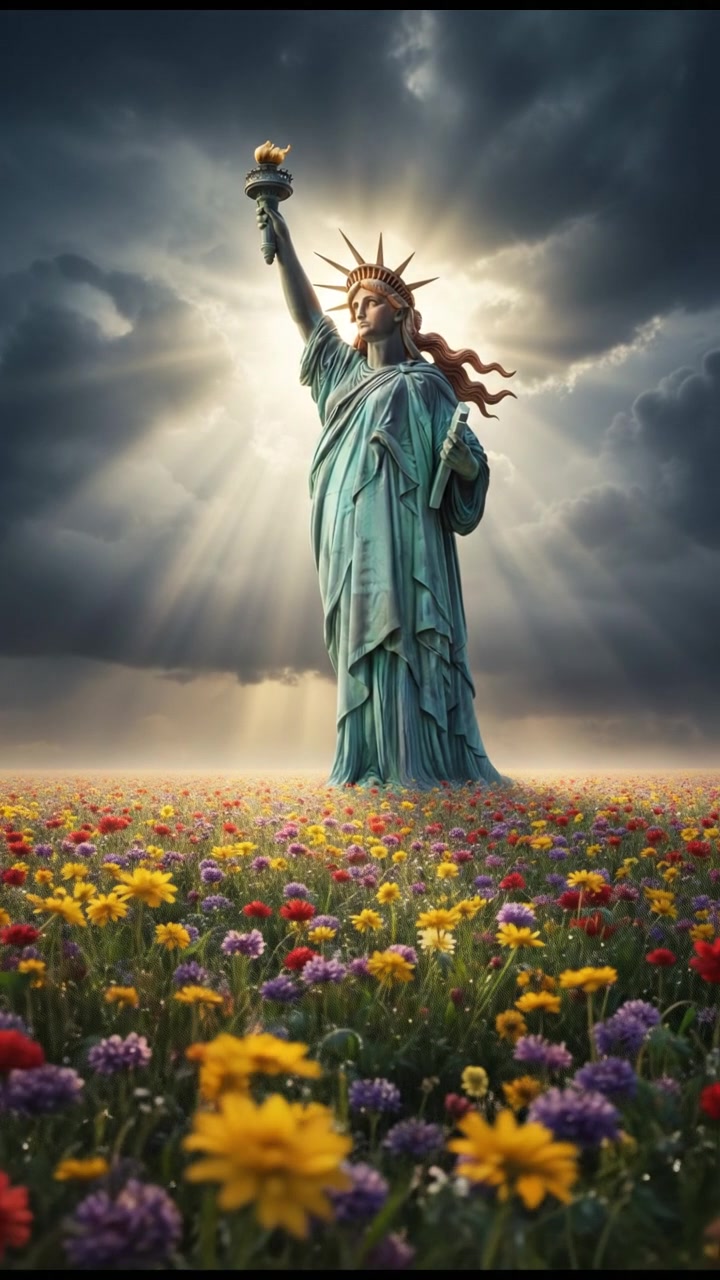 walking in a field of flowers, sunlight breaking through storm clouds