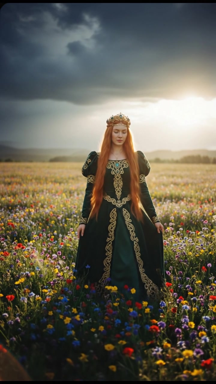 walking in a field of flowers, sunlight breaking through storm clouds
