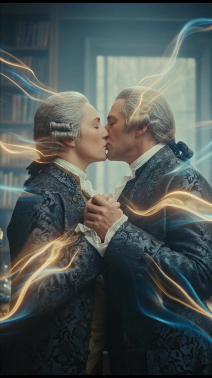 sharing a final kiss as magic or light begins to pull them apart