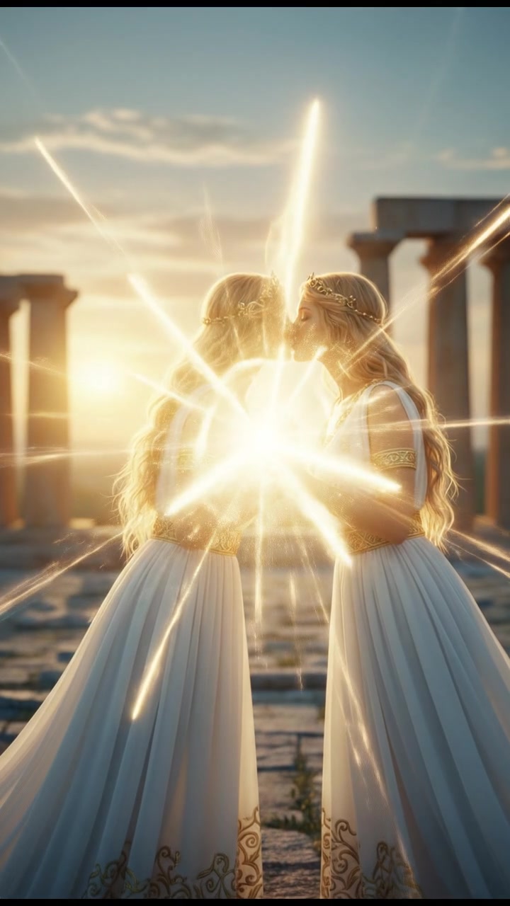 sharing a final kiss as magic or light begins to pull them apart