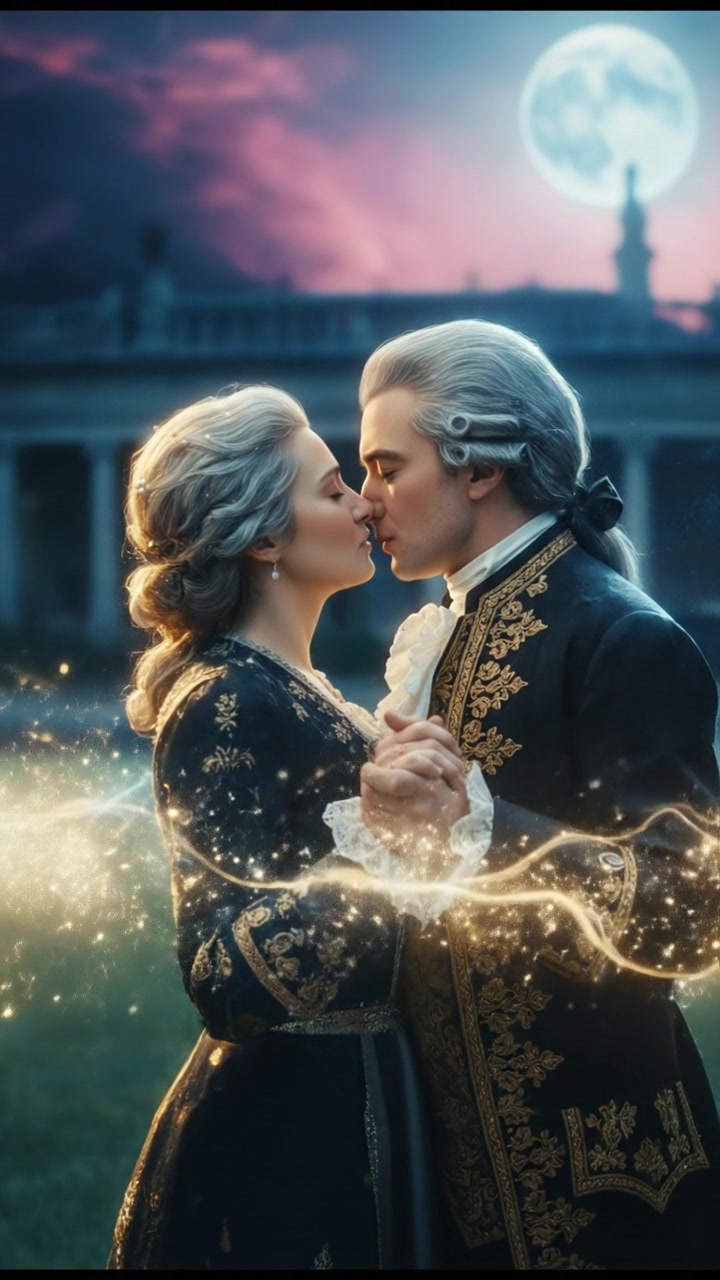 sharing a final kiss as magic or light begins to pull them apart